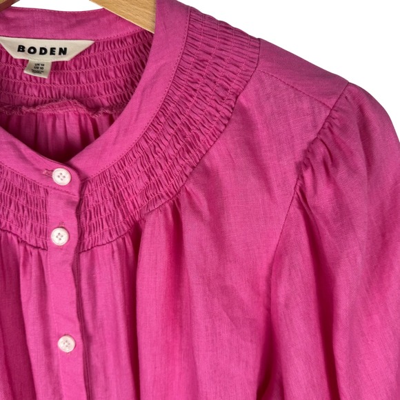Boden 100% Linen Smocked Button Up Blouse Womens 10 Pink Puff Sleeves - Picture 3 of 10